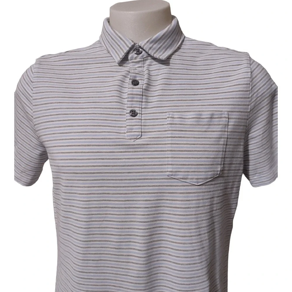Banana Republic Polo Shirt Large Mens‎ Striped Performance Pique Gray White Bold